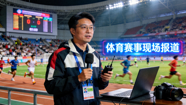 体育媒体记者在赛事现场进行新闻报道的工作画面